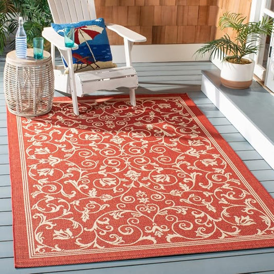 SAFAVIEH Courtyard Collection 4' x 5'7" Red / Natural CY2098 Scroll Indoor/ Outdoor Splashproof Easy Scrubbing Patio Backyard Mudroom Accent Rug