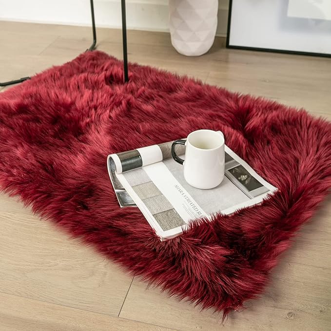 Ashler faux fur rug, Fluffy Shaggy Area Rug Ultra Soft 2 x 2.9 Feet Rectangle Fur Rug Deep Red Fuzzy Rug Machine Washable Shag Rug, Nursery Decor Throw Rugs for Bedroom, kids room, Living Room