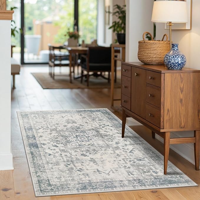 3x5 Washable Entryway Rug, Non Slip Boho Runner Rugs for Hallway, Entrance, Kitchen, Bathroom, Laundry Room, Soft Entryway Carpet, Throw Low Pile Retro Imitation Wool Carpet, Light Blue Grey