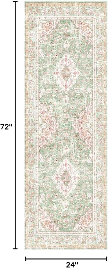 Vhong Washable Area Rugs Boho Vintage Modern Neutral Small Carpet Green and Pink High Traffic Rugs 2×6 for for Kitchen Hallway Living Room Non Slip