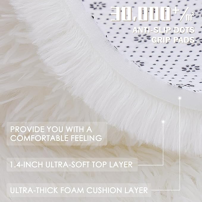 OLANLY Ivory Round Rugs for Bedroom - Machine Washable, 3x3 Feet Circle Area Rugs for Living Room, Soft and Fluffy Shaggy Carpet for Teen Girls and Boys, Nursery Rooms, Dorms, Home Decor Aesthetic