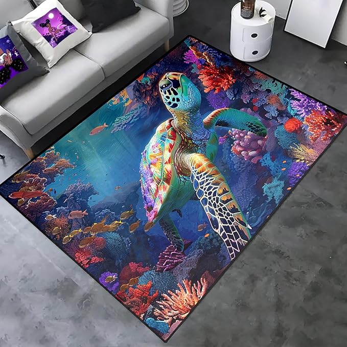 Sea Turtle Area Rug - Sea Turtle Rug for Bedroom Coral Ocean Theme Rugs Ocean Life Decor, 47" L x 39" W