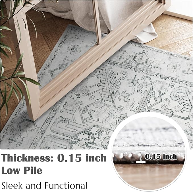 jinchan Kitchen Runner Rug 3x8-2pcs, Bohemian Hallway Washable Rug Floral Non Slip with Rubber Backing Vintage Carpet Runner for Bedroom Bathroom Laundry Room Living Room Decor Grey