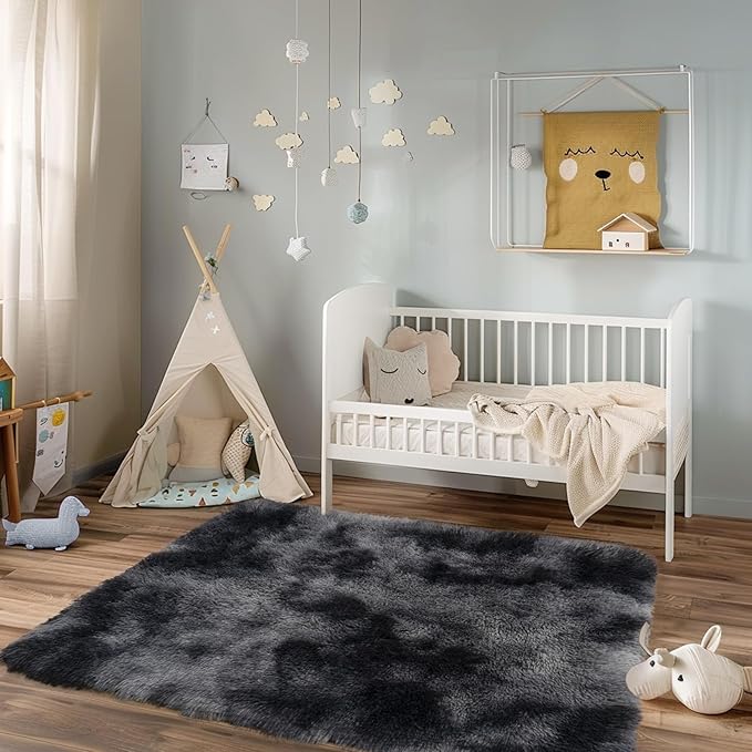 3x5 Rugs for Bedroom, Fluffy Area Rugs for Living Room, Soft Shag Kids Rug Small Carpet with 4 Non-Slip Rug Pads (Black Grey Tie-Dyed, 3ft x 5ft)