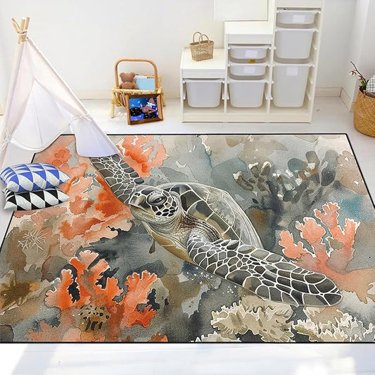 Sea Turtle Coastal Rug - Kids Sea Turtle Rugs for Bedroom Ocean Life Theme, 47" L x 39" W