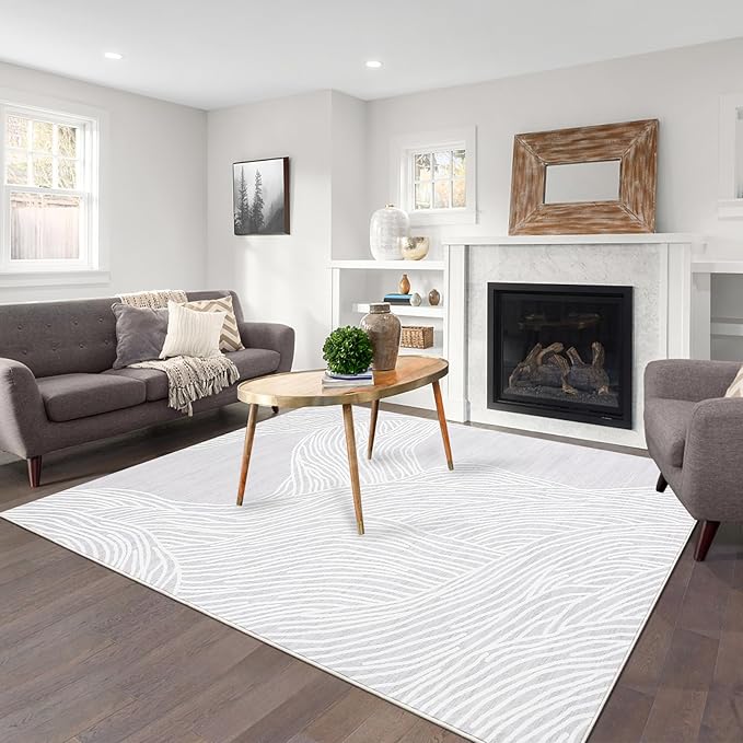 Area Rugs for Living Room 8x10 Washable Rug Modern Abstract Area Rug Contemporary Indoor Soft Faux Wool Bedroom Rug Non-Slip Low Pile Accent Rug for Dining Room Nursery Office Grey/White