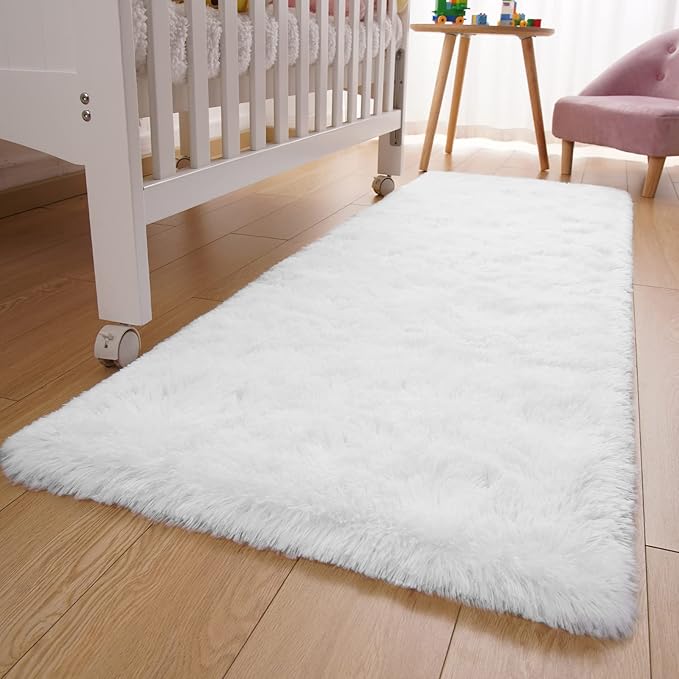 YJ.GWL Soft Runner Rug for Bedroom Living Room Plush Fluffy Rugs 2x6 Feet, White Shag Rug Carpet Non Shedding for Nursery Dorm, Fuzzy Bedside Runner Rug for Kids Girls Room Home Decor