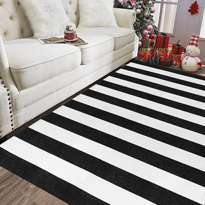 Seavish Black and White Striped Rug, 4’x6’ Indoor Outdoor Patio Rugs, Handmade Woven Farmhouse Front Porch Rugs, Machine Washable Modern Cotton Area Rugs for Living Room Entryway Dorm Apartment