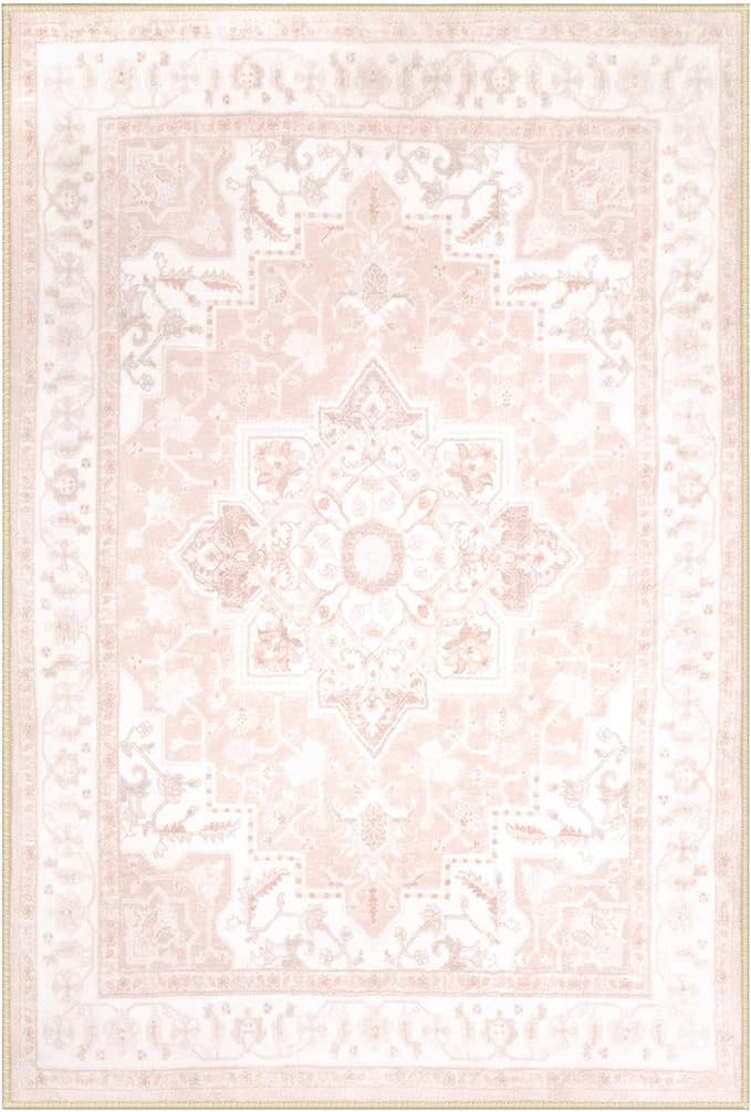 BESTSWEETIE 9x12 Area Rugs for Living Room, Washable Ultra Soft Boho Vintage Print Pattern Rug Non Slip Low Pile Carpet for Dining Room Bedroom Entryway Indoor-Light Pink