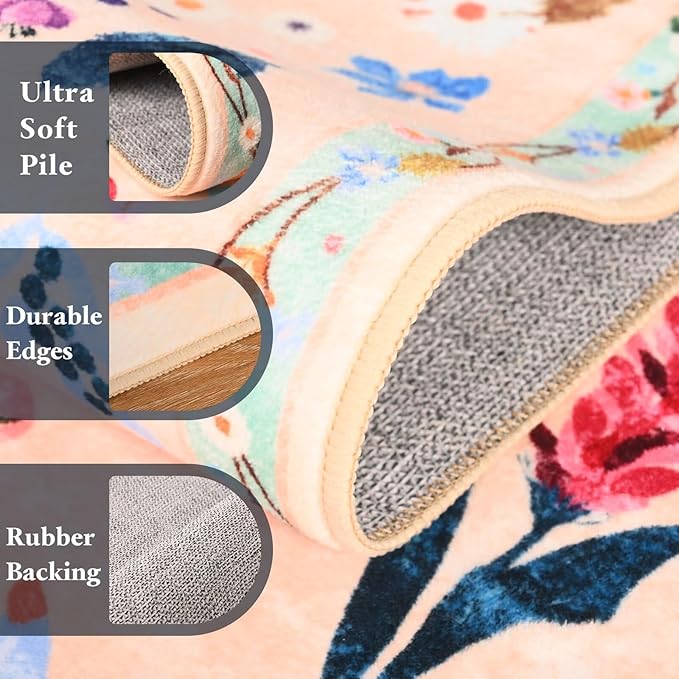 2x3 Small Floral Rug for Entryway, Flowers Printed Washable Rugs with Non Slip Backing for Girls Bedroom Kitchen, Cute Throw Carpet Front Door Entry Decor, Peach White
