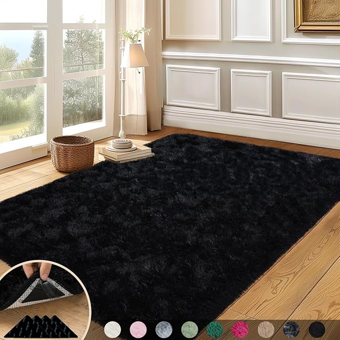 5x7 Rugs for Living Room, Black Large Fluffy Area Rugs for Bedroom, Soft Carpet Shag Kids Rug with 4 Non-Slip Rug Pads(5ft x 7ft, Black)