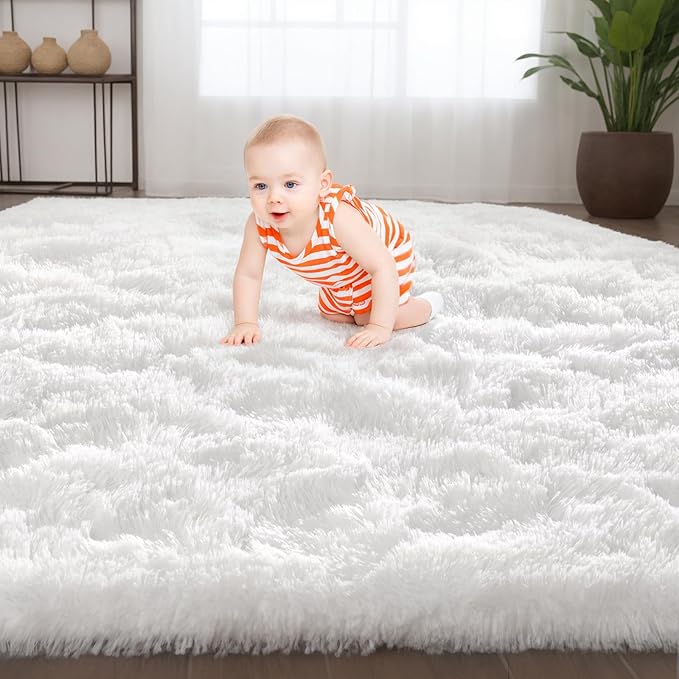 Zentavio White Living Room Rugs 9x12 Large Area Rugs for Bedroom Soft Fluffy Furry Shag Aesthetic Carpet Plush High Pile Floor Rug for Nursery Kids Room Dorm Home Decor