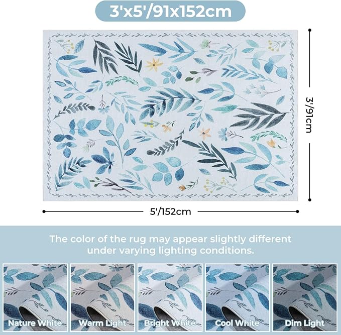 Syalife 3x5 Area Rugs, Non Slip Washable Low Pile Rugs for Living Room, Kitchen, Hallway, Bedroom Bedside, Kids Room, College Dorm (Blue Leafy, 3'x5')