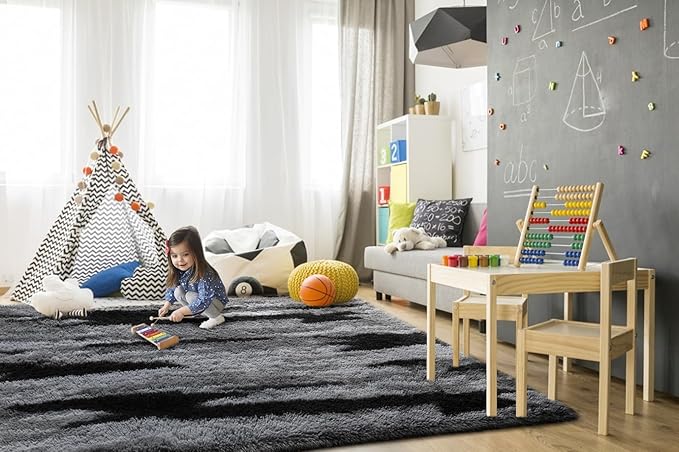 TWINNIS Super Soft Shaggy Rugs Fluffy Carpets, 6x9 Feet, Indoor Modern Plush Area Rugs for Living Room Bedroom Kids Room Nursery Home Decor, Upgrade Anti-Skid Rectangular Fuzzy Rug, Black Gray