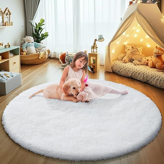 White Fluffy Round Area Rugs for Bedroom,6'X6'Shag Circle Area Rugs for Girls Room,Non Slip Fuzzy Plush Rug for Kids Room Living Room and Dorm Home Decor Rug