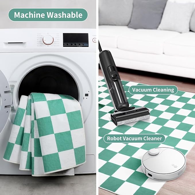 Terrug Green and White Small Checkered Rug for Bedroom, 2x3 Soft Washable Rug with Non Slip Backing, Low Pile Throw Carpet for Entryway Hallway Kitchen Laundry Room