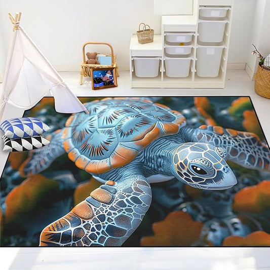 Sea Turtle Rug for Bedroom - Sea Turtle Ocean Animal Prints Carpet Rug for Kids Boys Silver Underwater Ocean Theme Decor, 80" L x 58" W