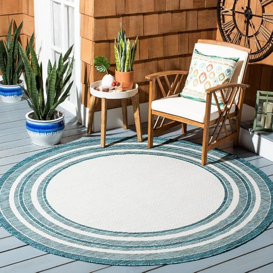 SAFAVIEH Courtyard Collection Area Rug - 6'7" Round, Ivory & Teal, Non-Shedding & Easy Care, Indoor/Outdoor & Washable-Ideal for Patio, Backyard, Mudroom (CY8475-53512)