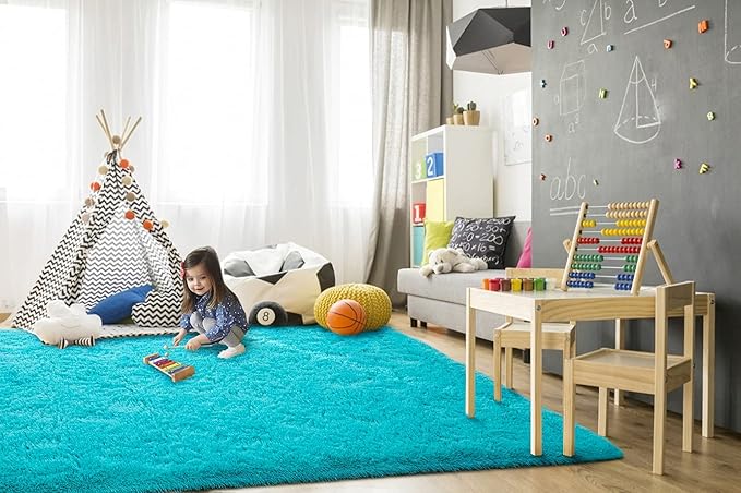 TWINNIS Super Soft Shaggy Rugs Fluffy Carpets, 5x8 Feet, Indoor Modern Plush Area Rugs for Living Room Bedroom Kids Room Nursery Home Decor, Upgrade Anti-Skid Rectangular Fuzzy Rug, Blue