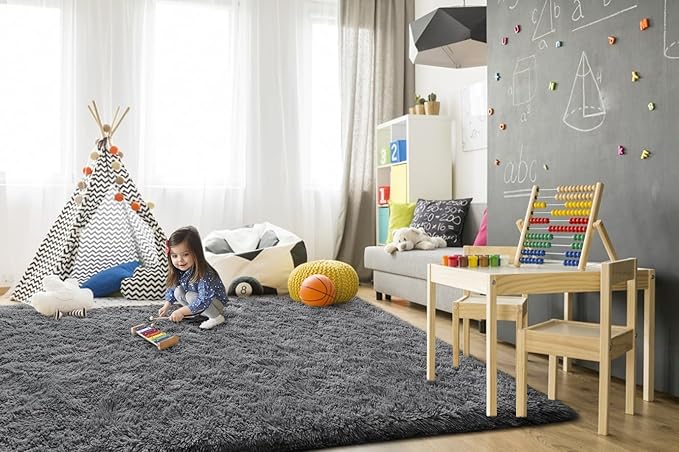 TWINNIS Super Soft Shaggy Rugs Fluffy Carpets, 6x9 Feet, Indoor Modern Plush Area Rugs for Living Room Bedroom Kids Room Nursery Home Decor, Upgrade Anti-Skid Rectangular Fuzzy Rug, Gray