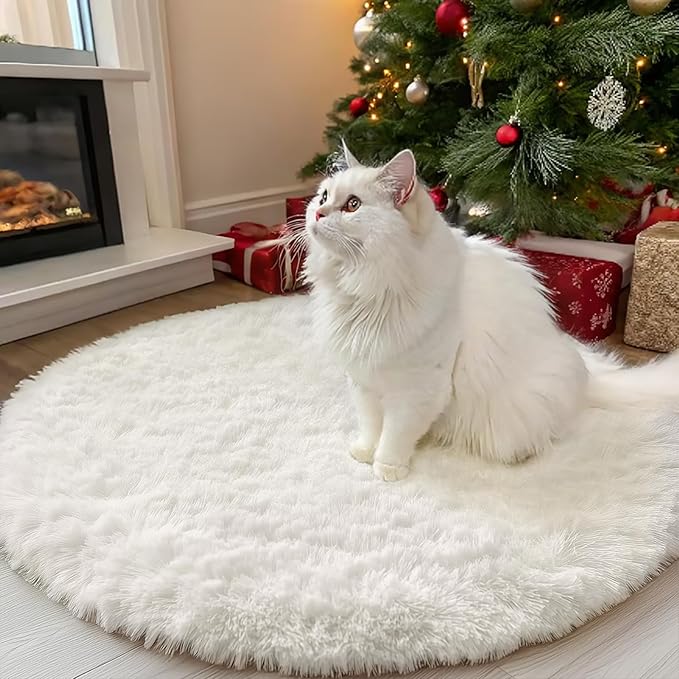 OLANLY Ivory Round Rugs for Bedroom - Machine Washable, 3x3 Feet Circle Area Rugs for Living Room, Soft and Fluffy Shaggy Carpet for Teen Girls and Boys, Nursery Rooms, Dorms, Home Decor Aesthetic