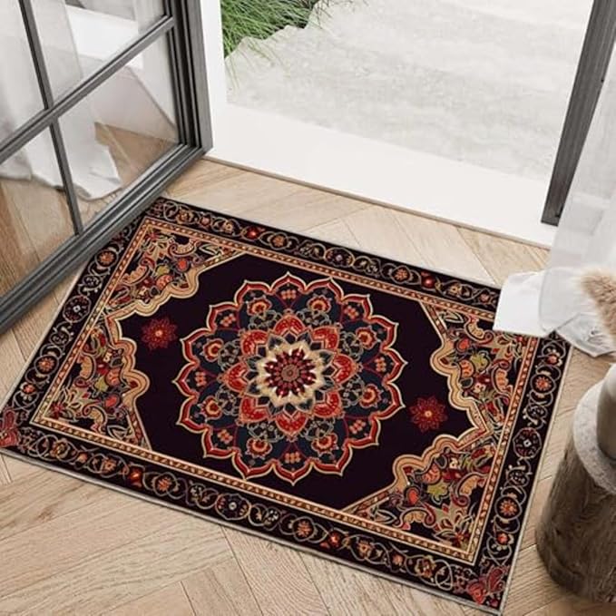 2x3 Entryway Rug Boho Black Red Vintage Oriental Area Rug Ultra-Thin Soft Small Carpet Bathroom Non Slip Indoor Entrance Low Pile Door Mat Kitchen Stain Resistant Washable Machine