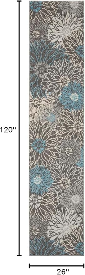 Nourison Passion Charcoal/Blue 2'2" x 10' Area Rug, Floral, Farmhouse, Easy Cleaning, Non Shedding, Bed Room, Living Room, Dining Room, Kitchen, (10' Runner)