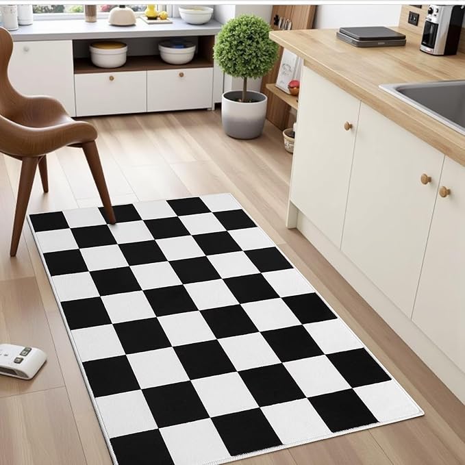 Terrug Black and White Small Checkered Rug for Bedroom, 2x3 Soft Washable Rug with Non Slip Backing, Low Pile Throw Carpet for Entryway Hallway Kitchen Laundry Room