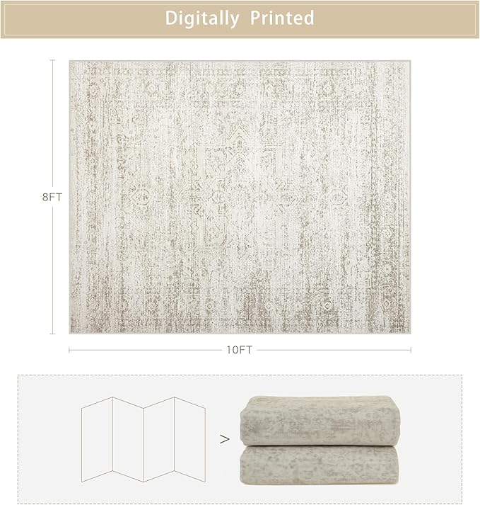 Washable Rugs 8x10 Area Rugs for Living Room,Rugs for Bedroom,Large Carpets,Ultra Soft Faux Wool Retro Dining Room Rug,Non Slip&Non-Shedding Low Pile Vintage Print Rug for Home Office Decor
