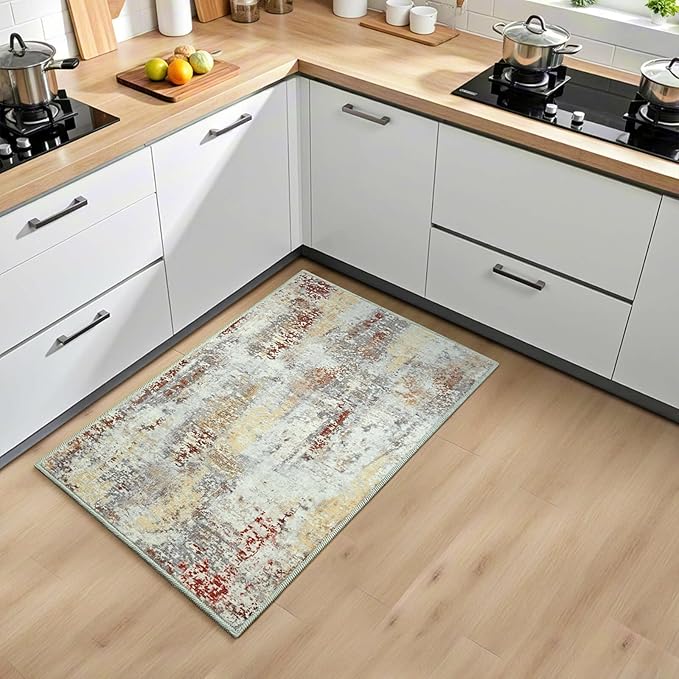2x3 Washable Small Area Rug, Abstract Non-Slip Door Mat, Modern Low Pile Indoor Entryway Rugs, Tan Stain Resistant Throw Carpet for Front Door, Kitchen, Entry, Inside Entrance