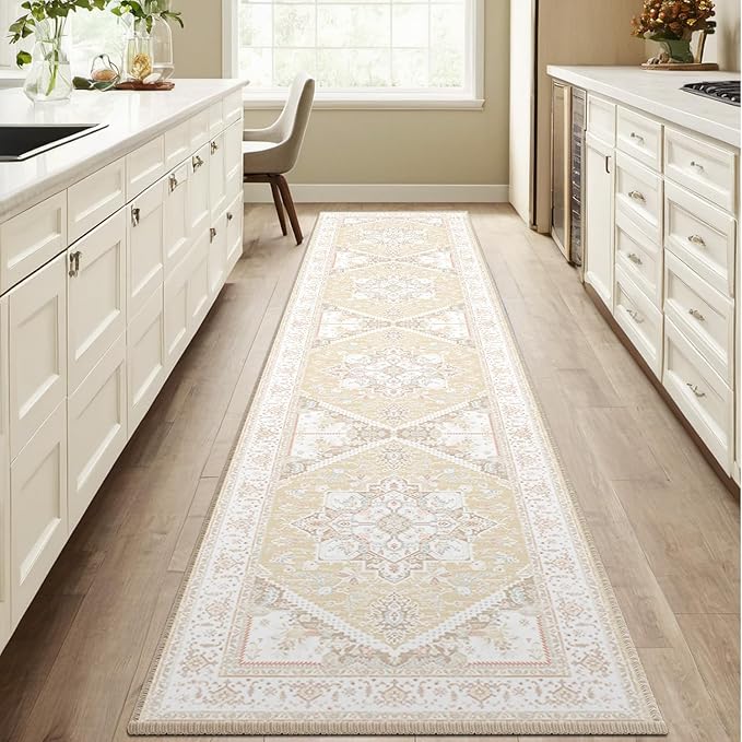 BESTSWEETIE 2x10 Area Rugs for Living Room Washable Non Slip Carpet Low Pile Soft Vintage Print Pattern Rug for Bedroom Dining Room Kitchen Entryway Indoor-Cream/Light Yellow/Brown/Blue/Red/Pink