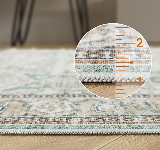 3x5 Area Rugs, Washable Rug, Small Stain Resistant Area Rug for Living Room Bedroom Kitchen Dining Room, Vintage Geometric Rug (Green, 3'x5')