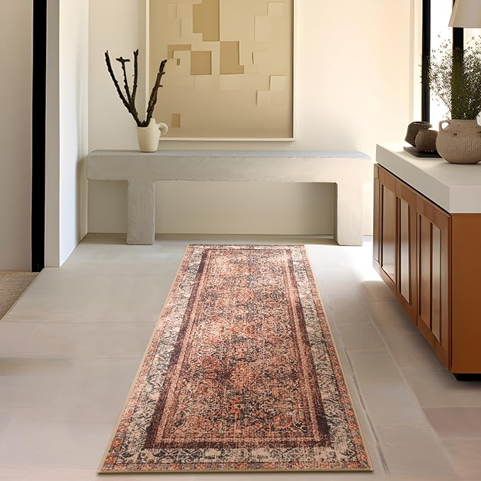 Phantoscope Hallway Runner Rug 2'x6' - Boho Washable Non-Slip Kitchen Rug Runner, Ultra-Thin Vintage Distressed Accent Throw R UG for Entryway Laundry Bathroom Bedroom, Brick Red/Black