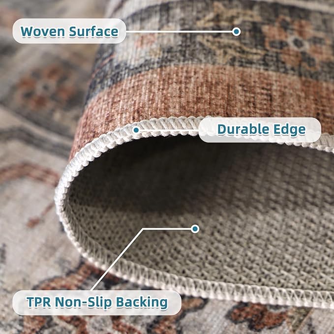 Dripex 2x8 Runner Rug, Machine Washable Non Slip Area Rug,Boho Kitchen Runner Rug, No Pile Lightweight Vintage Rug, Floor Carpet for Entryway, Hallway, Kitchen and Corridor,Rust Red and Multi