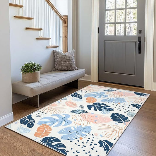 3x5 Entryway Rug Boho Botanical Tropical Leaf White Area Rug Bedroom Bedside Ultra-Thin Soft Small Carpet Bathroom Non Slip Indoor Entrance Low Pile Door Mat Kitchen Stain Resistant Washable Machine