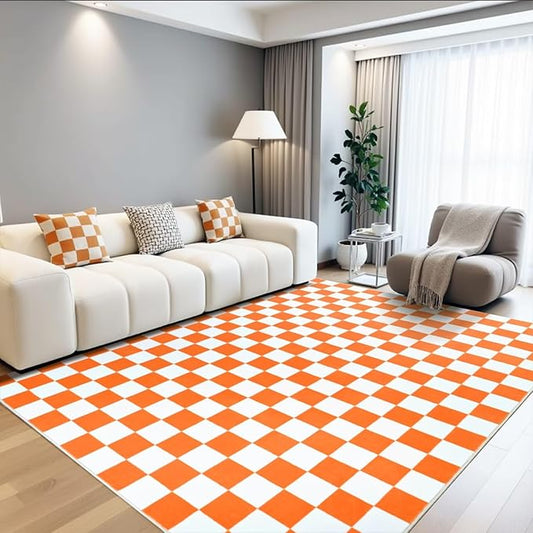 Terrug Orange and White Checkered Rug for Living Room Bedroom, 3x5 Soft Washable Area Rug with Non Slip, Low Pile Stain Resistance Carpet for Kids Room Entryway Kitchen Dorm