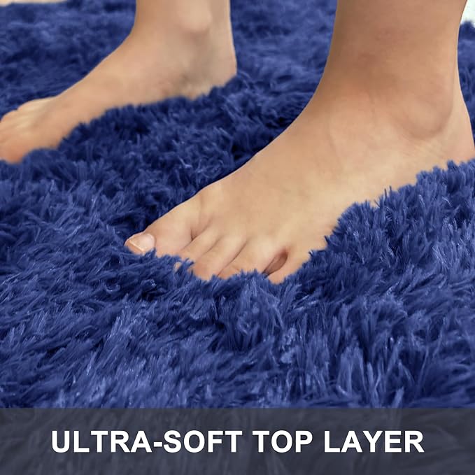 OLANLY 3x5 Machine Washable Small Bedside Rug, Soft Fluffy Shaggy Rugs for Living Room, Bedroom, Indoor Floor Carpet for Kids Girls and Boys, Preppy Dorms, Nursery, Home Decor Aesthetic, Navy Blue