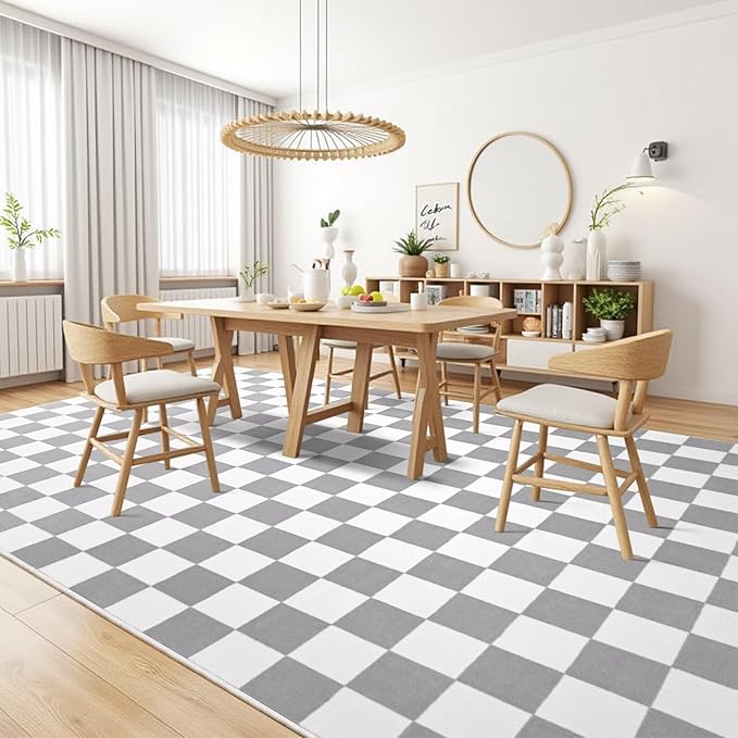 Terrug Grey and White Checkered Rug for Living Room Bedroom, 6x9 Soft Washable Area Rug with Non Slip, Low Pile Stain Resistance Carpet for Kids Room Entryway Kitchen Dorm