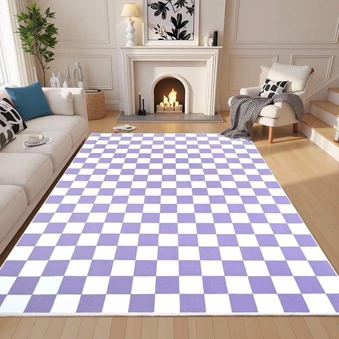 Terrug Purple and White Checkered Rug for Living Room Bedroom, 5x7 Soft Washable Area Rug with Non Slip, Low Pile Stain Resistance Carpet for Kids Room Entryway Kitchen Dorm