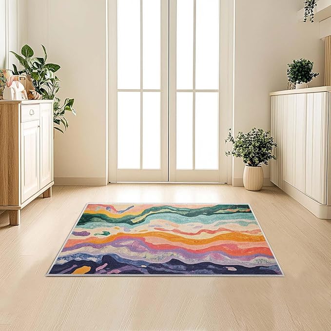 2x3 Entryway Rugs Machine Washable Area Rug Purple Yellow Pink Green Modern Abstract Colorful Rug Non-Slip Low Pile Door Mat Entrance Small Carpet for Home Kitchen Bathroom Bedroom