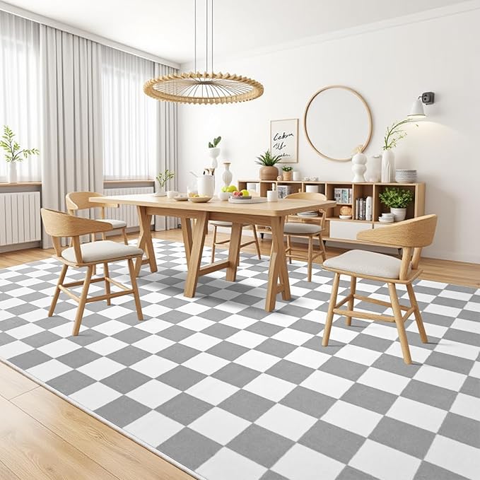 Terrug Grey and White Checkered Rug for Living Room Bedroom, 8x10 Soft Washable Area Rug with Non Slip, Low Pile Stain Resistance Carpet for Kids Room Entryway Kitchen Dorm