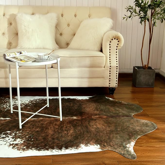 BENRON Faux Cowhide Rug, Western Cow Hide Rugs for Living Room Bedroom Home Decor, Non Slip Cute Rug with Irregular Animal Skins and Hides, Olive Green, 5.2 x 6.2ft