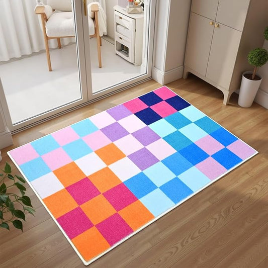 Terrug Multicolored Small Checkered Rug for Bedroom, 2x3 Soft Washable Rug with Non Slip Backing, Low Pile Throw Carpet for Entryway Hallway Kitchen Laundry Room