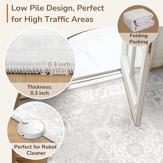 BESTSWEETIE 9x12 Area Rugs for Living Room, Washable Ultra Soft Boho Vintage Print Pattern Rug Non Slip Low Pile Carpet for Dining Room Bedroom Entryway Indoor-Light Grey
