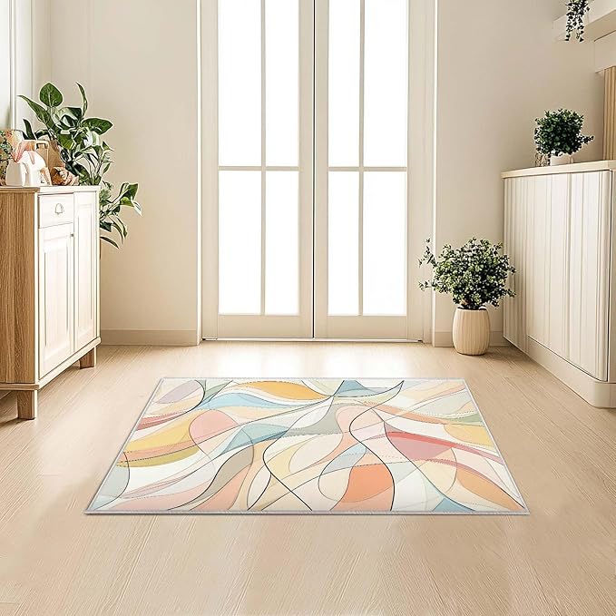 2x3 Entryway Rugs Machine Washable Area Rug Blue Yellow Pink White Modern Abstract Colorful Rug Non-Slip Low Pile Door Mat Entrance Small Carpet for Home Kitchen Bathroom Bedroom