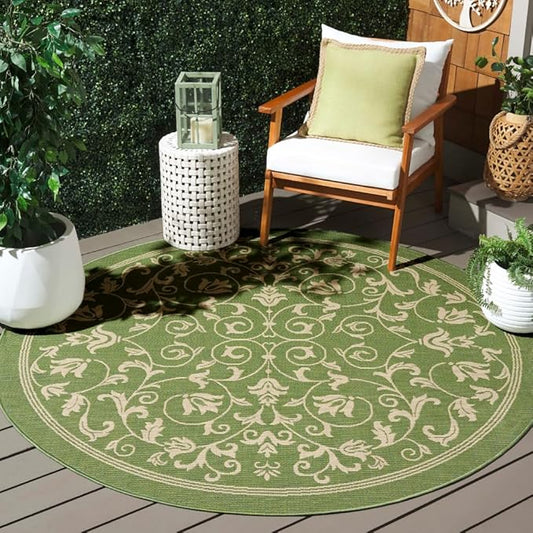SAFAVIEH Courtyard Collection 6'7" Round Olive / Natural CY2098 Scroll Indoor/ Outdoor Splashproof Easy Scrubbing Patio Backyard Mudroom Area Rug