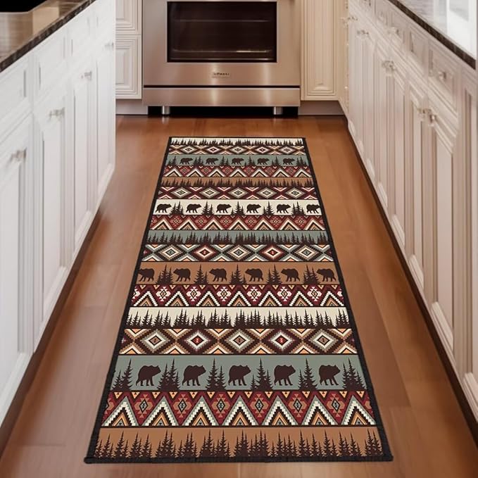 Rustic Cabin Wildlife Long Runner Rug 2x6 Throw Rug,Bear Moose Deer Country,Vintage Area Rug Washable Hallway Rugs Non-Slip Farmhouse Floor Carpet Runner for Bedroom Laundry Room Entrance Door Mat