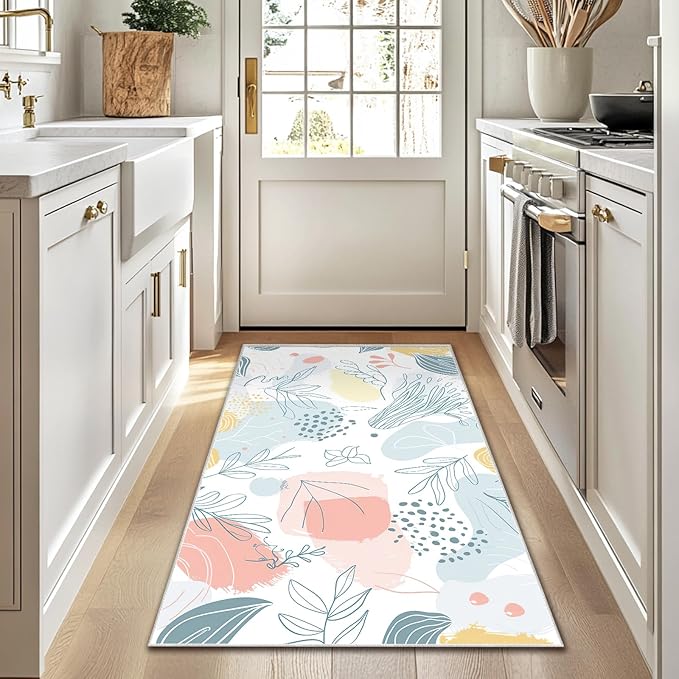 3x5 Entryway Rug Boho Minimalist Botanical Leaf Small Area Rug Bedroom Bedside Thin Carpet Bathroom Non Slip Indoor Entrance Low Pile Door Mat Kitchen Stain Resistant Washable Machine