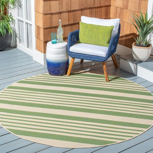 SAFAVIEH Courtyard Collection 6'7" Round Green/Beige CY6062 Stripe Indoor/ Outdoor-Waterproof Easy-Cleaning Patio Backyard Mudroom Area-Rug