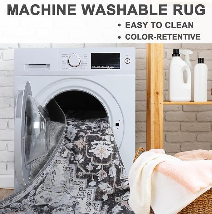 Washable Area Rugs 5x7, Non-Slip Vintage Rugs Low Pile Retro Carpet, Soft Distressed Printed Patterns Rugs for Living Room, Bedroom, Dining Room, Black